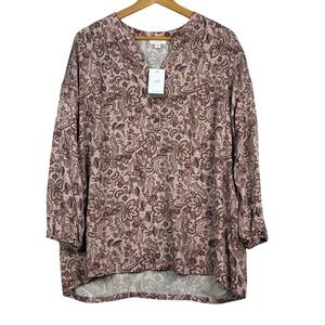 Pure‎ Jill V Neck Long Sleeve Tunic Top Sz MP Pink Paisley Comfort Everyday Boho